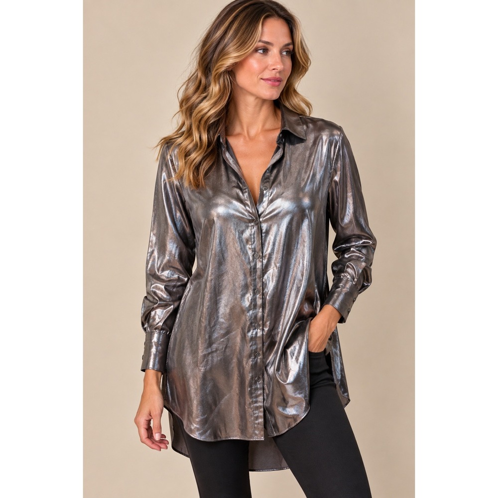 Urban Outfitters Women Tunic XS Grey Metallic Long Sleeve Button Down OB1597204